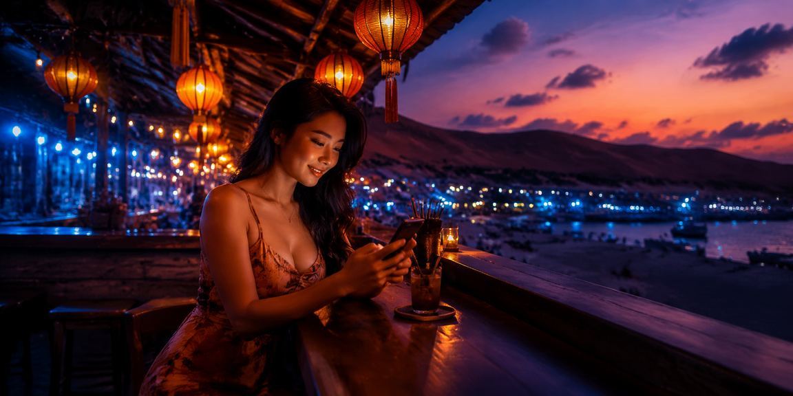 Người dùng tại chợ đêm Mũi Né dùng điện thoại tham gia casino và nhận tiền thưởng
